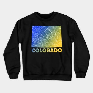 Colorful mandala art map of Colorado with text in blue and yellow Crewneck Sweatshirt